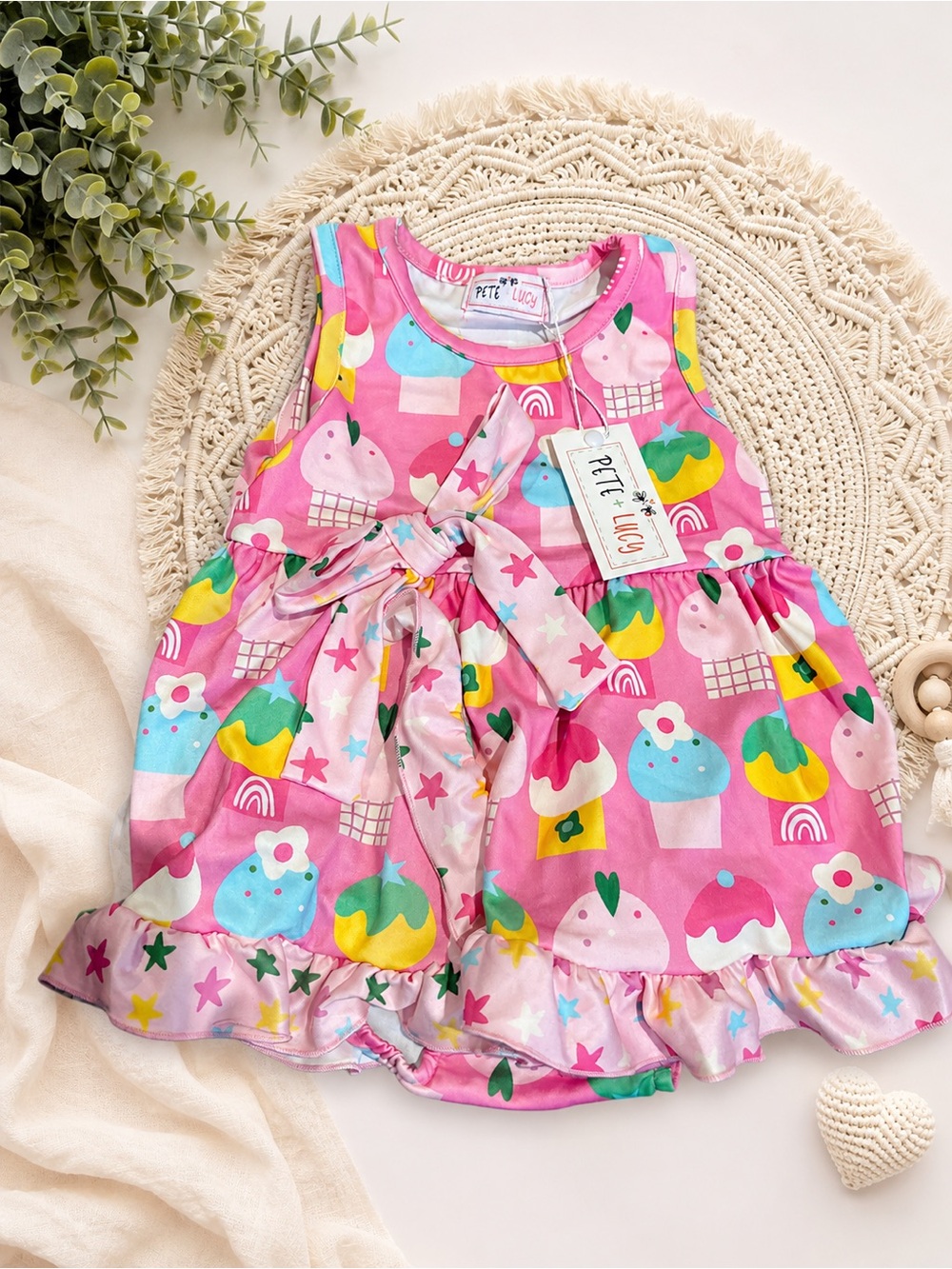 Pink Cupcake Tie-Waist Girls Dress